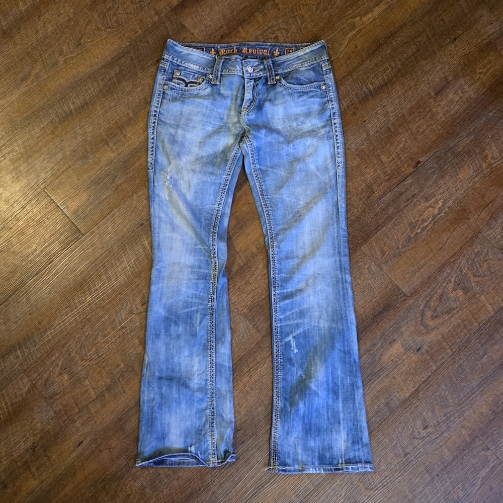 Rock Revival Womens Jeans Denisa Bootcut Low Rise Distressed Bling Sz 29 (30x31) - Picture 2 of 11